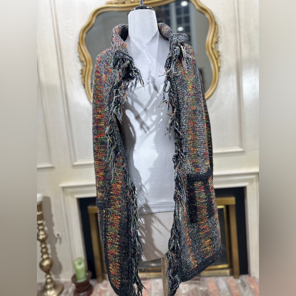 Esqualo Multicolor Knit Fringe Open Front Cardigan Sweater‎ Pockets M